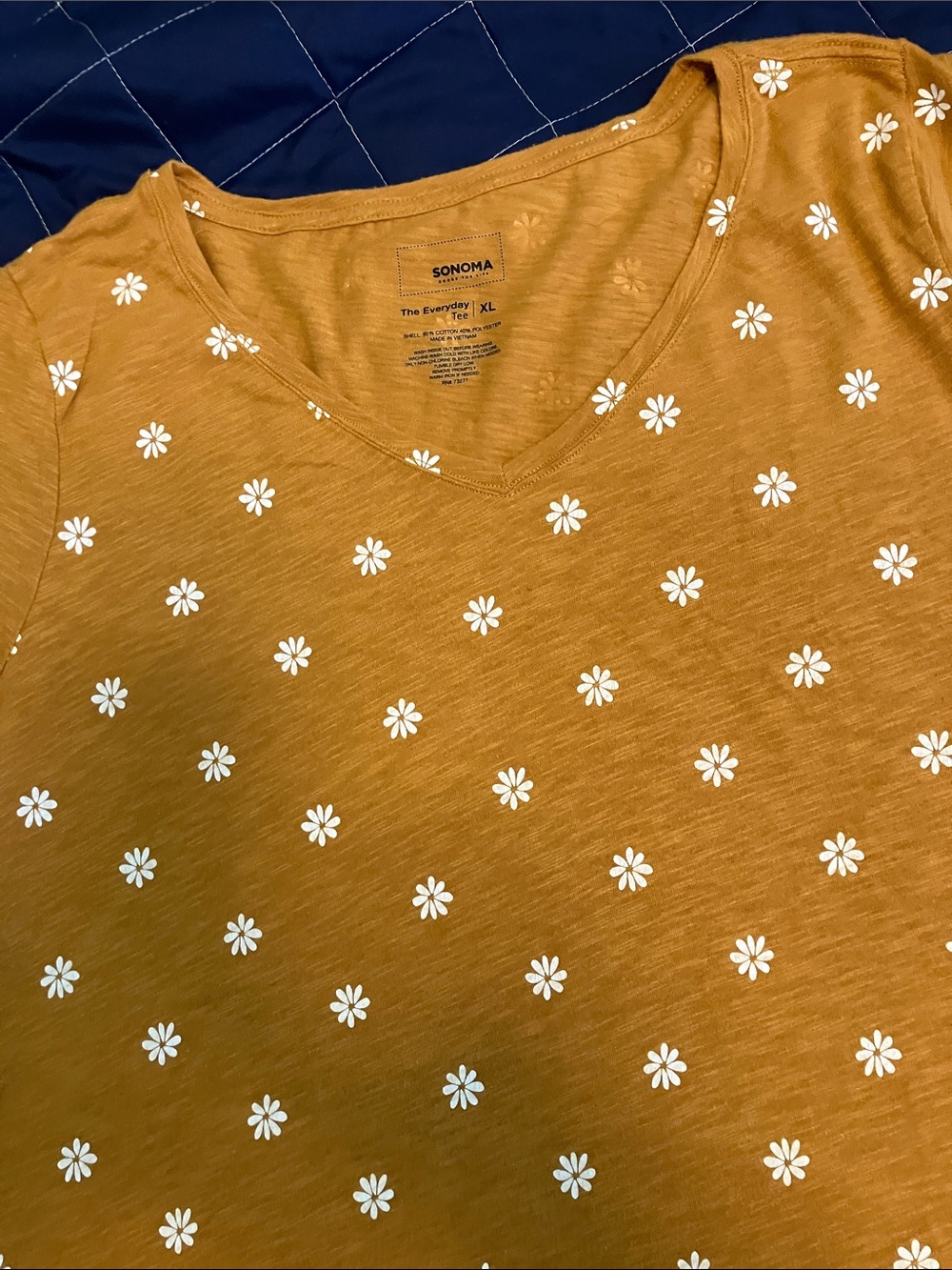 SONOMA Mustard Yellow V-Neck Tee with White Daisy Print